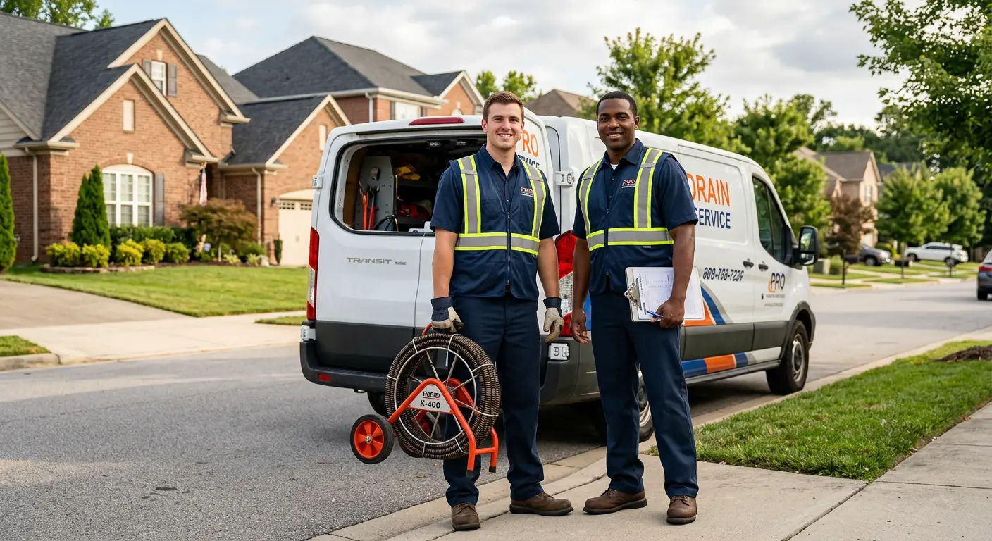 Sewer and drain service team with equipment ready for work in Grayson