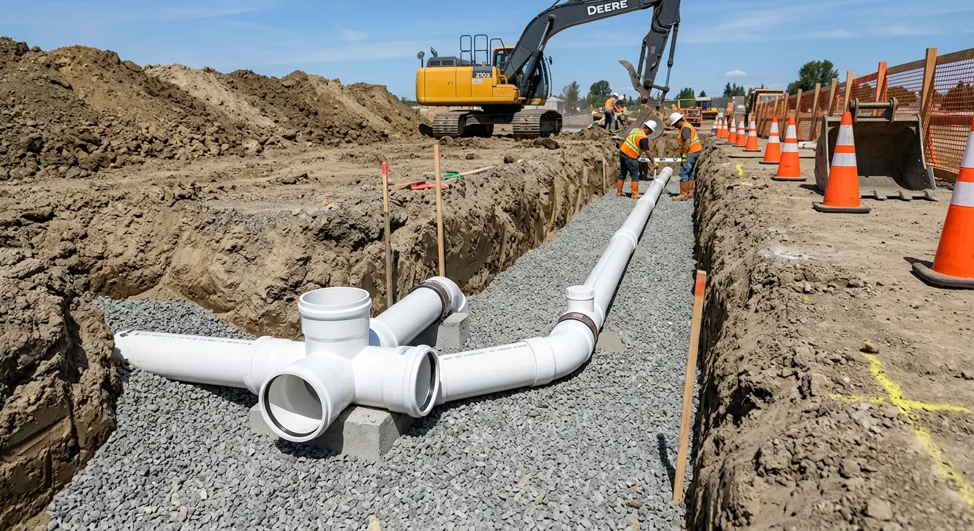 New PVC sewer pipe installation in open trench for Sewer Backup in Grayson