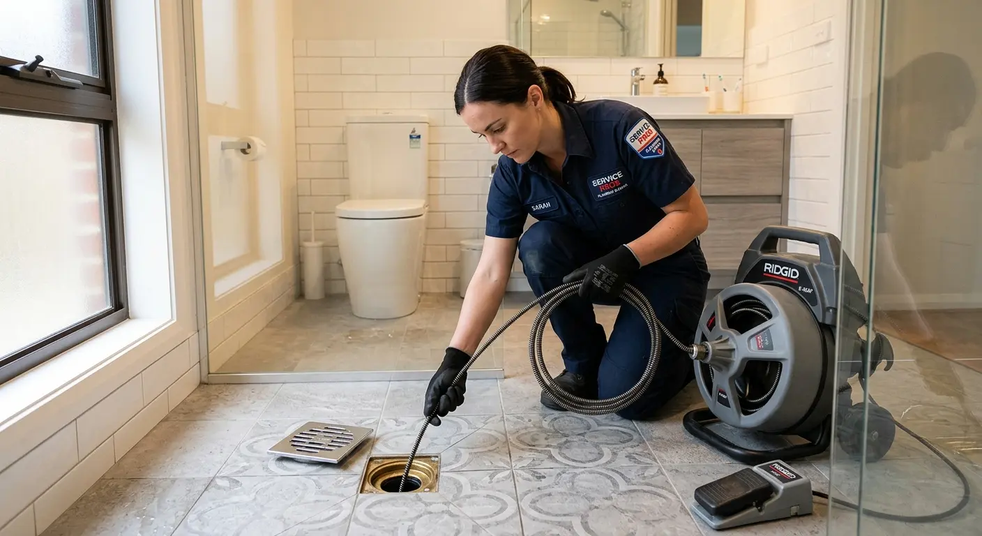 Technician clearing a bathroom floor drain for Clogged Drain Repair in Grayson